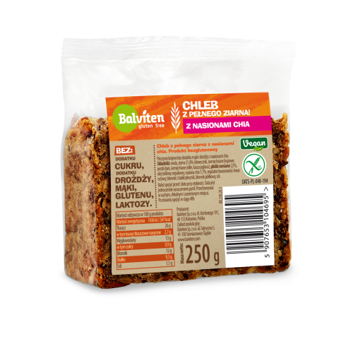 Chleb z chia z pełnego ziarna bez mąki, cukru, drożdży, glutenu i laktozy 250g